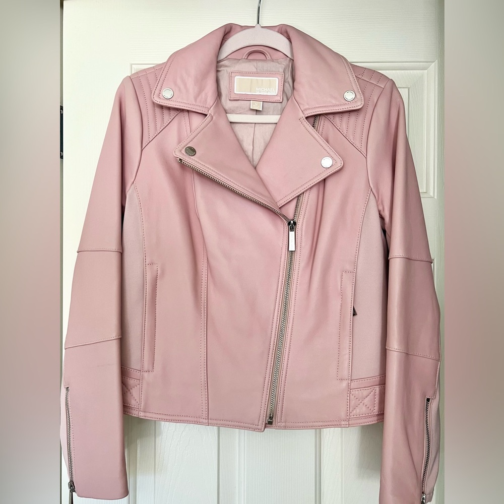 Michael Kors Pink Leather Moto Jacket Asymmetrical Zipper